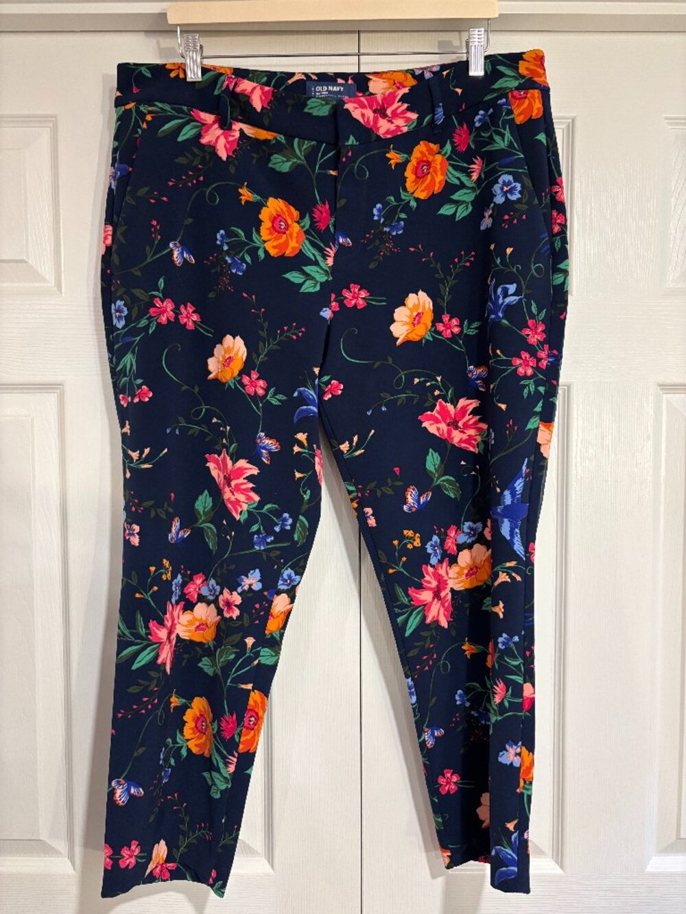 Old Navy Harper Chino Ankle Pants Navy Blue Floral Print Mid-Rise Career 16